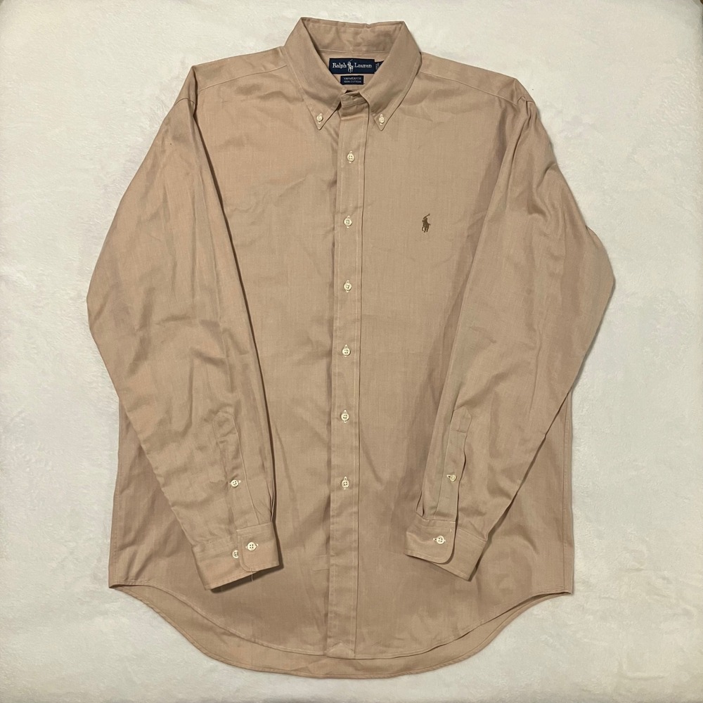 Vintage Ralph Lauren Yarmouth Button Down Shirt Men 16 34/35 Tan Herringbone